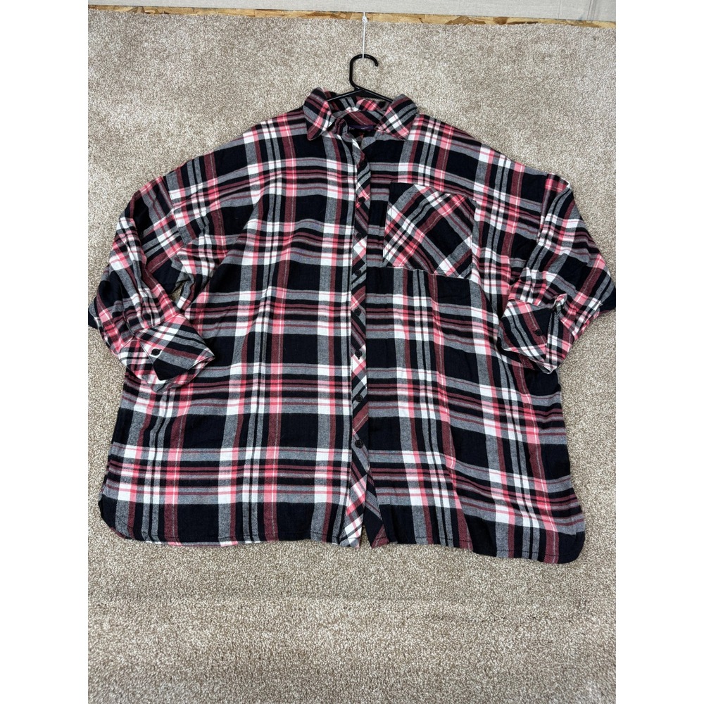 Roaman's Womens‎ 20W Plaid Button Down Shirt Black Red White Grunge Plus Flannel